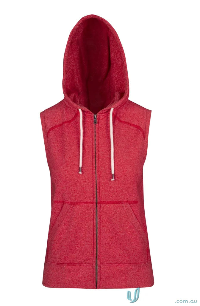 Red hooded sleeveless fleece jacket from Ladies Junior Heather Sleeveless Hoodies, perfect for workwear or uniforms