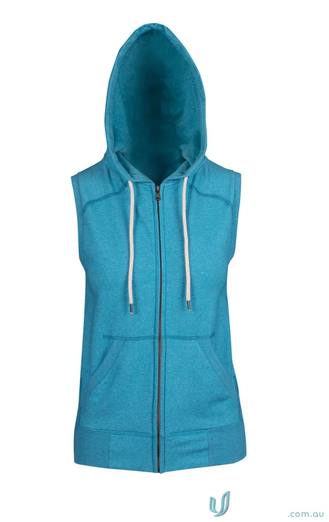 Women’s turquoise sleeveless hoodie, perfect for casual workwear or uniforms