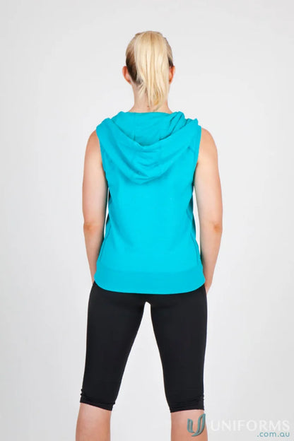 Woman in blue hooded tank top and black capri leggings, perfect work uniforms or casual wear