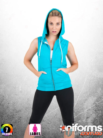 Women’s turquoise sleeveless hoodie with black capri leggings from Ladies Heather Sleeveless Hoodies, perfect workwear or uniforms