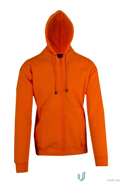 Orange hooded zip-up sweatshirt perfect for casual work uniforms or stylish workwear