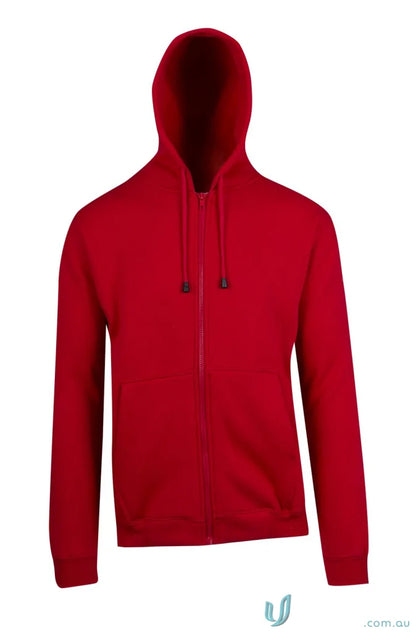 Red hooded zip-up sweatshirt perfect for casual uniforms and workwear styles