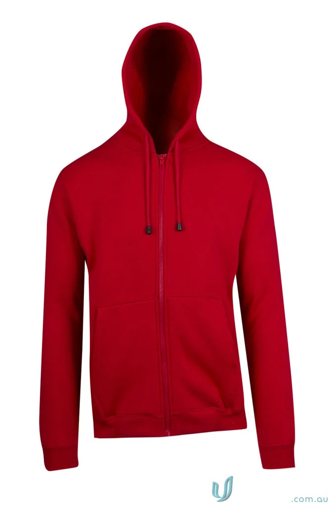 Red hooded zip-up sweatshirt perfect for casual uniforms and workwear styles