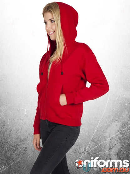 Red hooded zip-up sweatshirt, perfect for casual workwear and uniforms