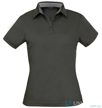 Ladies Kahve Polos in dark grey cationic polyester workwear with light grey collar