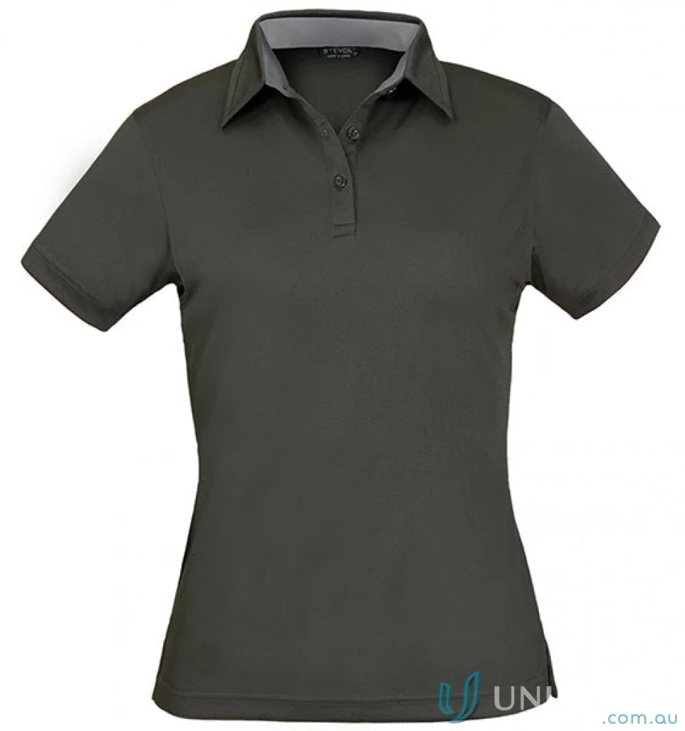Ladies Kahve Polos in dark grey cationic polyester workwear with light grey collar