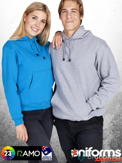 Two people wearing blue and grey Ladies Kangaroo Pocket Hoodies with cozy kangaroo pockets