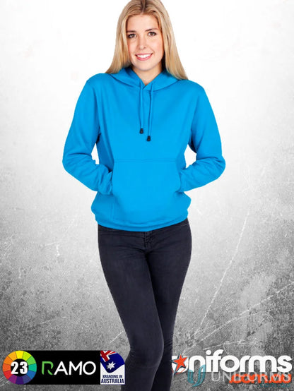 Woman wearing bright blue Ladies Kangaroo Pocket Hoodies with a comfy kangaroo pocket