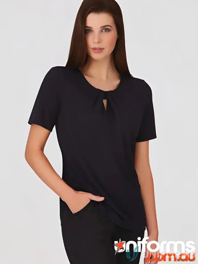 Woman modeling Ladies Keyhole Knit top with crepe texture and gathered front detail