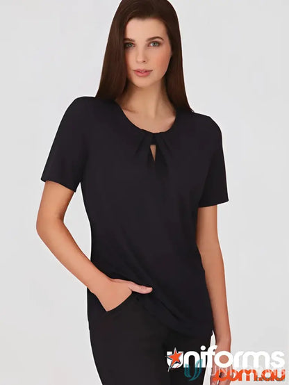 Woman modeling Ladies Keyhole Knit top with crepe texture and gathered front detail