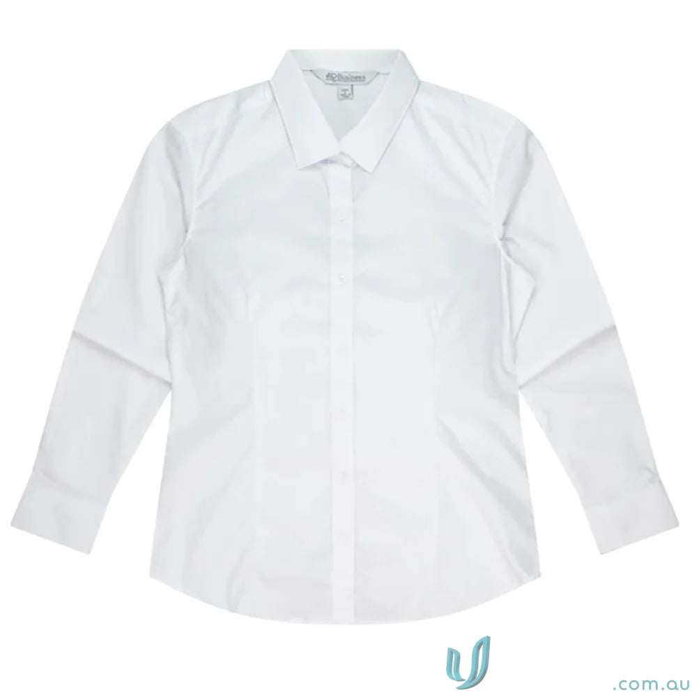 White long-sleeved button-down shirt from Ladies Kingswood LS Shirt, perfect for workwear and uniforms