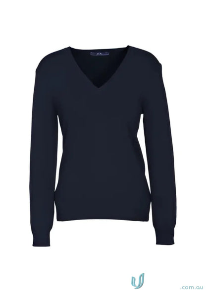 Navy blue V-neck knit pullover for ladies, stylish ladies knit pullover look