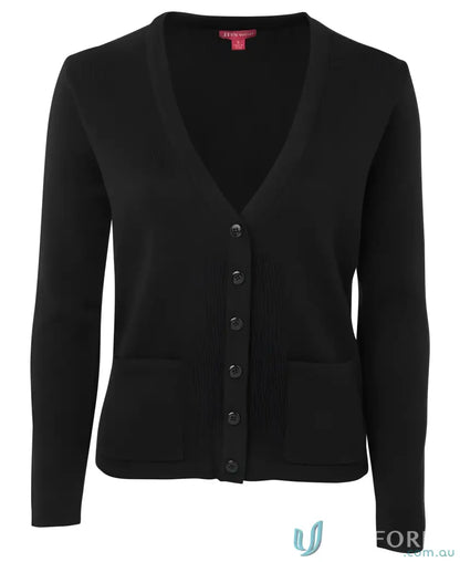 Ladies knitted cardigan with black V-neck, classic fit construction, acrylic blend perfect combo