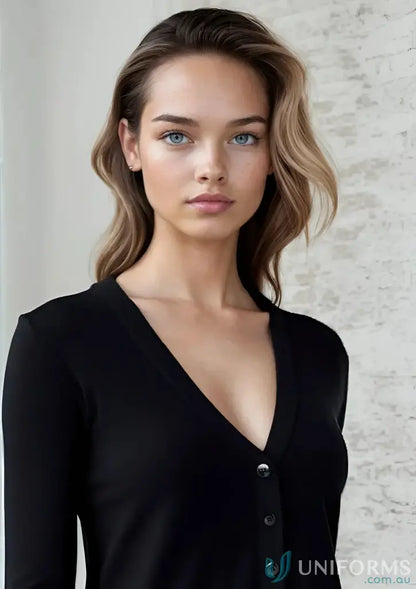 Black V-neck button-down cardigan from Ladies Knitted Cardigan with classic fit construction