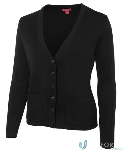 Black V-neck cardigan with pockets from Ladies Knitted Cardigan collection, stylish acrylic blend perfect combo
