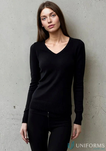 Black V-neck sweater from ladies knitted jumper with urban fit and needle 12-gauge knit