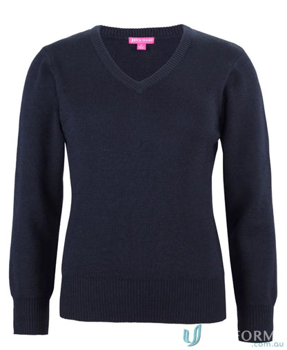 Navy blue ladies knitted jumper V-neck sweater with urban fit made from needle 12-gauge knit