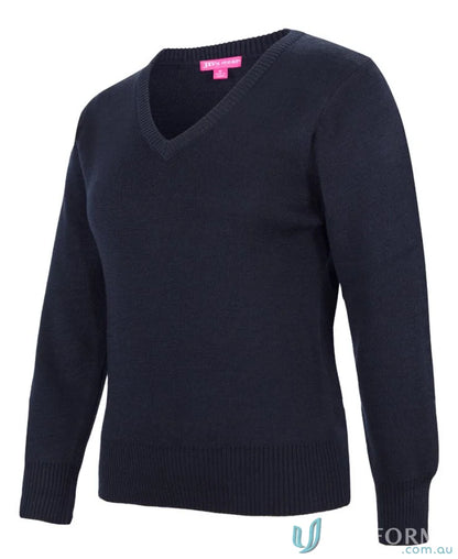 Navy blue V-neck Ladies Knitted Jumper with urban fit, needle 12-gauge knit style