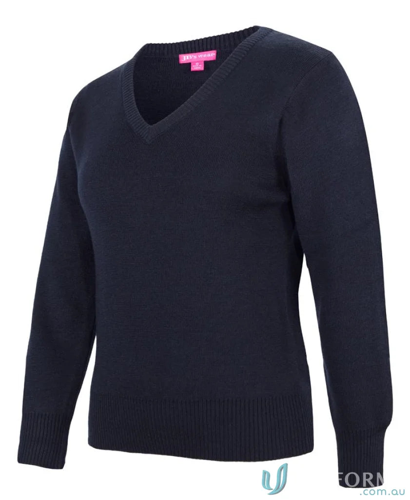 Navy blue V-neck Ladies Knitted Jumper with urban fit, needle 12-gauge knit style