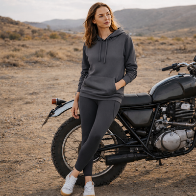 Woman in Ladies Krue Hoodie dark gray hoodie and leggings