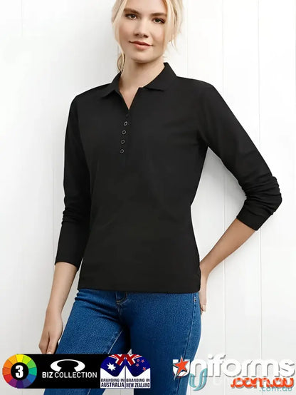 Ladies Krue LS Polo black long sleeve polo from Biz Collection Ladies p400ll
