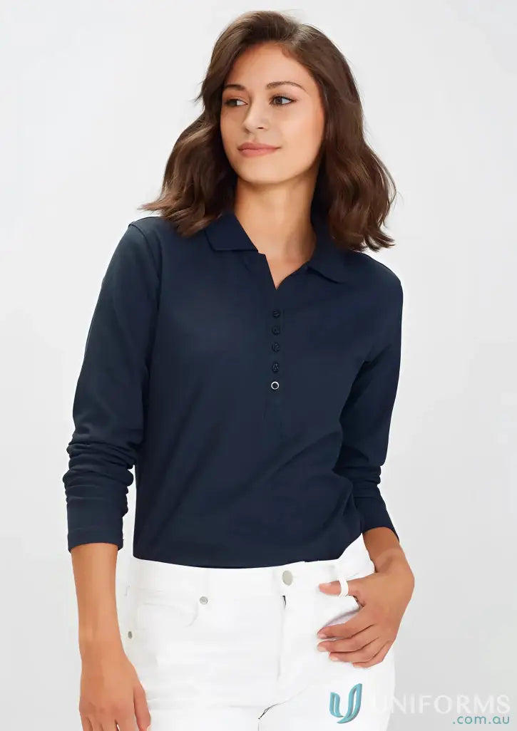 Navy long-sleeved polo shirt from Biz Collection Ladies p400ll Long Sleeve Polo