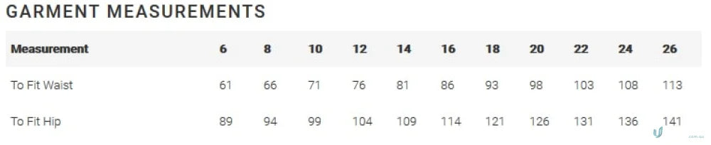 Garment measurement chart for Ladies Lawson Chino Pants made from biz collection elastane stretch fabric