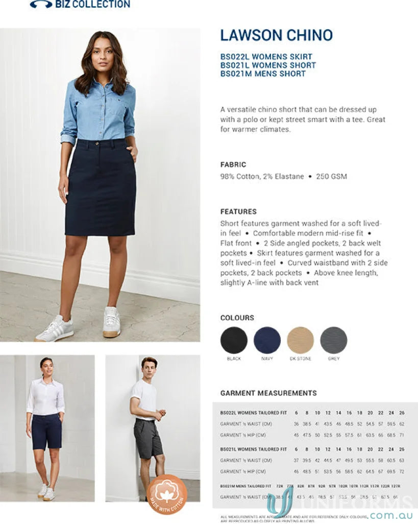 Clothing ad featuring Ladies Lawson Chino Short from BS021L Biz Collection for womens lawson chino