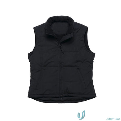 Black sleeveless puffer vest with high collar and front zipper for ladies legacy vest style