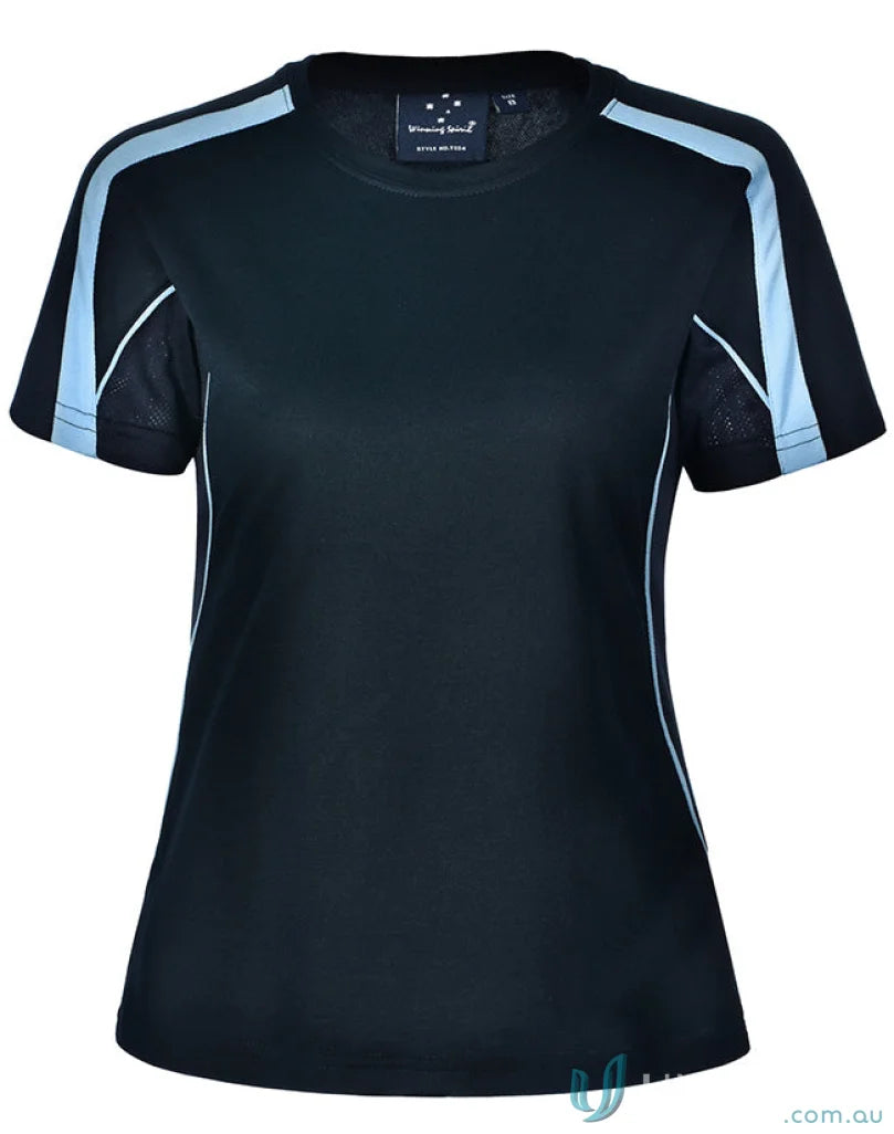 Ladies Legend Tee black athletic t-shirt with light blue accents for active uniforms