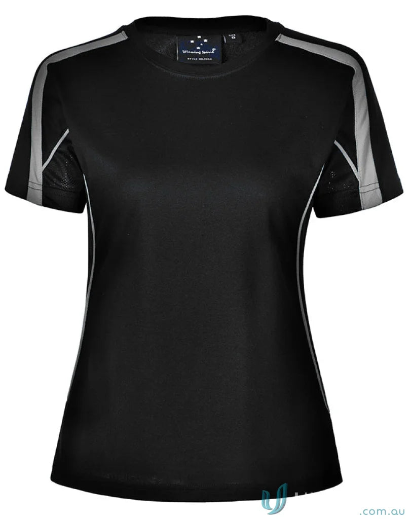 Ladies Legend Tee black athletic t-shirt with silver accents for workout uniforms