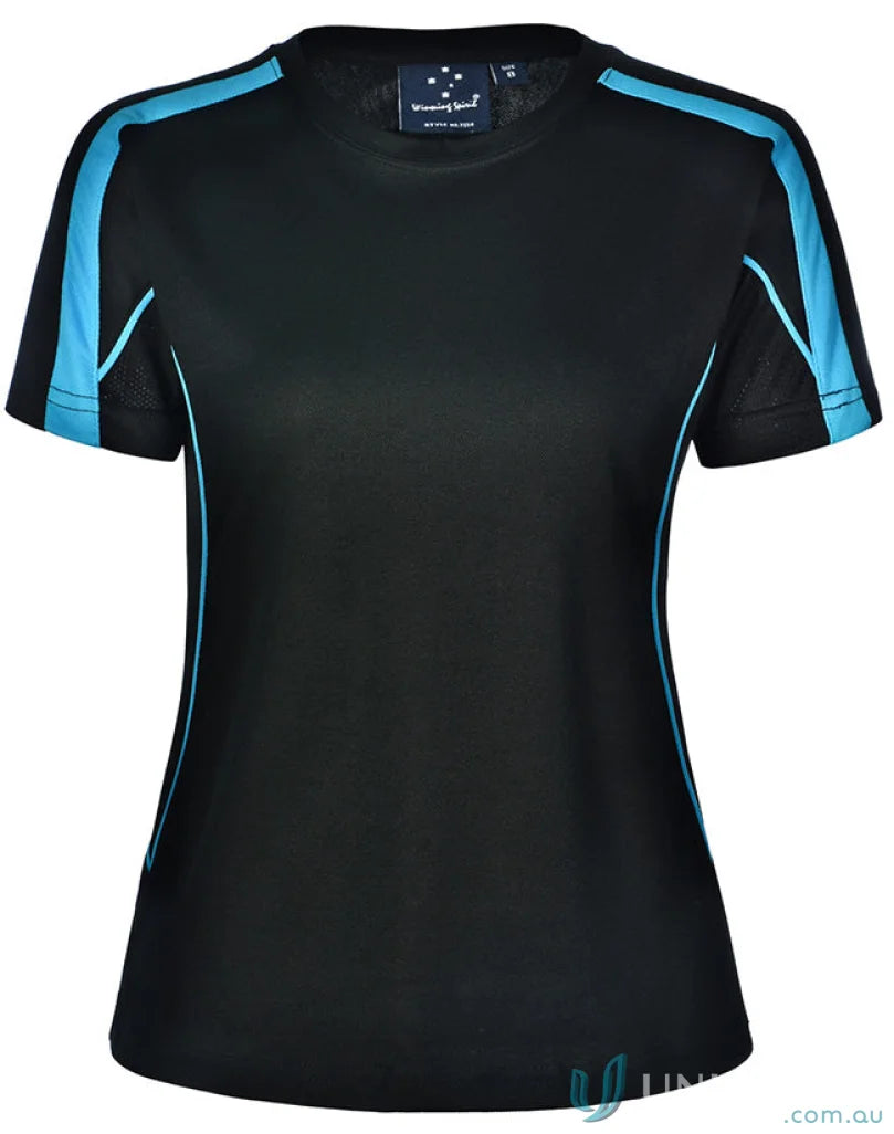 Black and blue Ladies Legend Tee shirt perfect for sporty uniforms and everyday wear