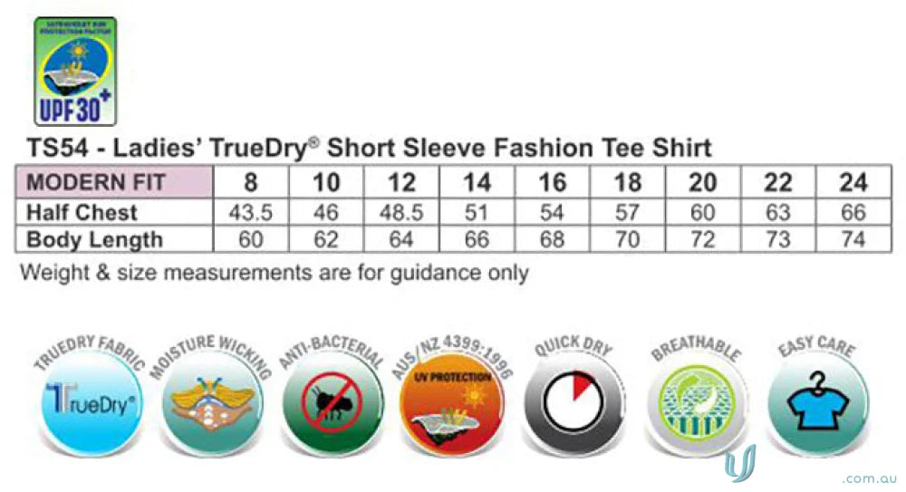 Ladies Legend Tee size chart and fabric info for comfy tee shirts and uniforms