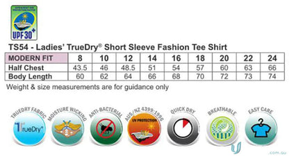 Ladies Legend Tee size chart and fabric info for comfy tee shirts and uniforms