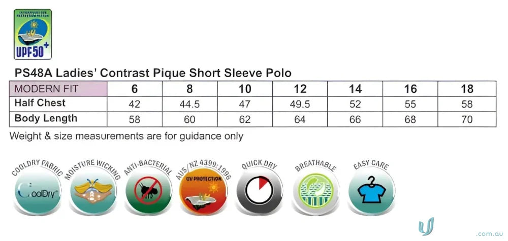 Ladies polo size chart showing fabric info for Winning Spirit Ladies Liberty Pique Polo
