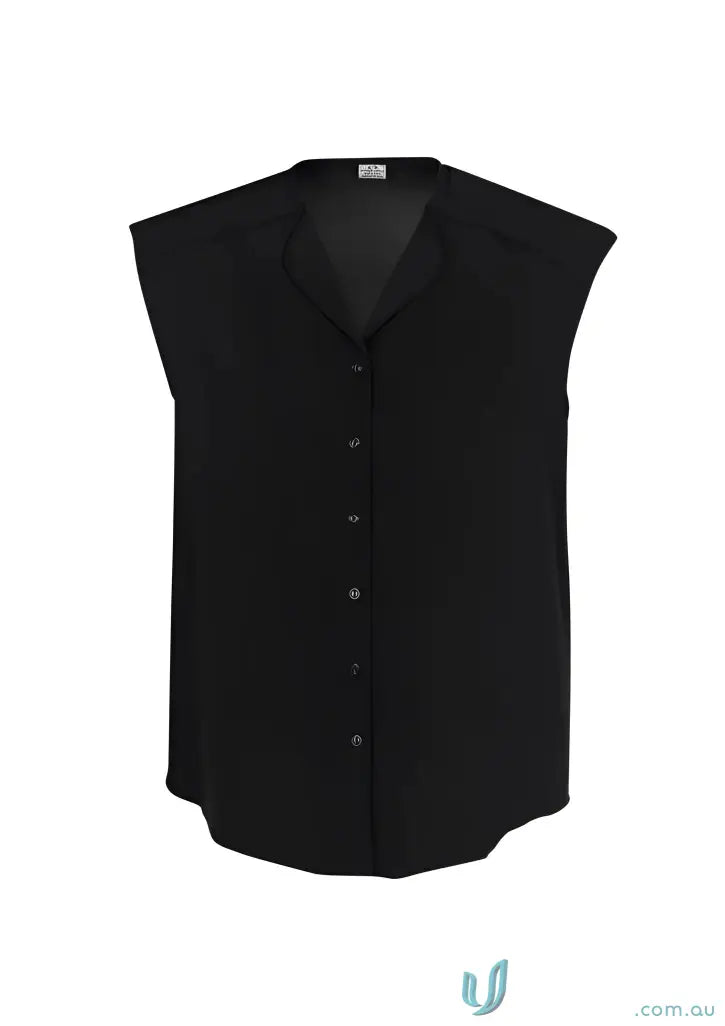 Black sleeveless Lily Ladies Blouse with petal-shaped lapel from Biz Collection Lily