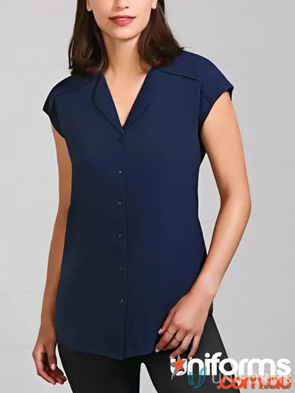 Navy blue Lily Ladies Blouse with petal-shaped lapel from Biz Collection Lily