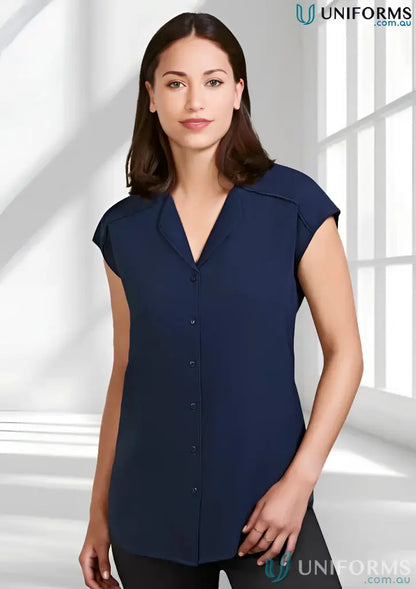 Navy blue Lily Ladies Blouse with petal-shaped lapel from Biz Collection Lily
