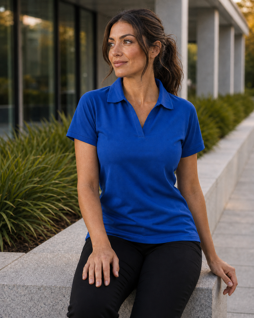 Ladies Longbeach Stretch Polo on Italian Australian fashion model with natural skin texture