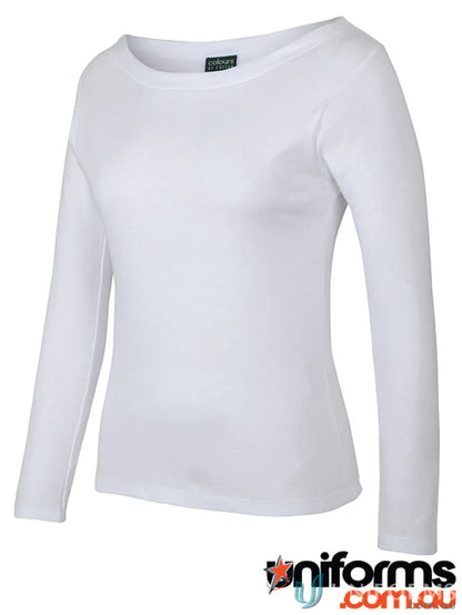 Plain white long-sleeved boat neck tee perfect for uniforms and workwear style