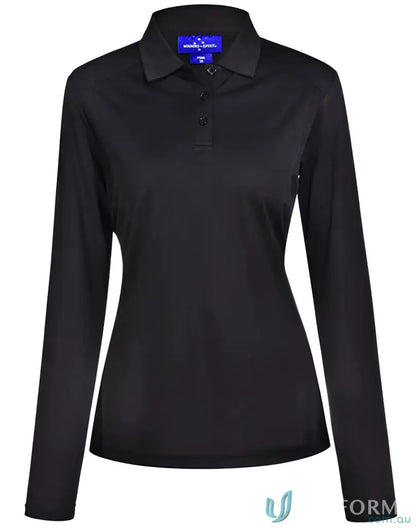 Ladies Lucky Bamboo long-sleeve black polo shirt with three-button placket