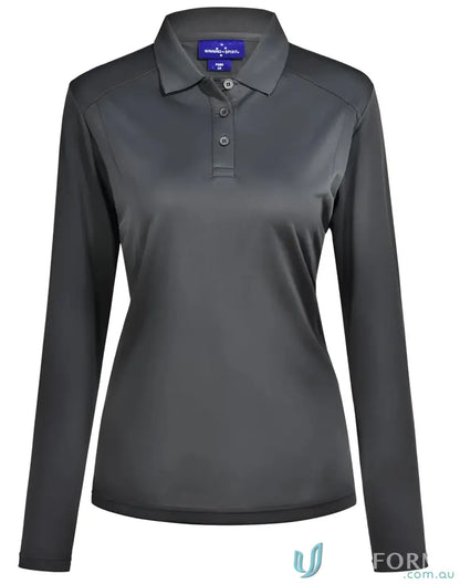 Ladies Lucky Bamboo LS Polo in dark gray with three buttons, perfect for casual wear