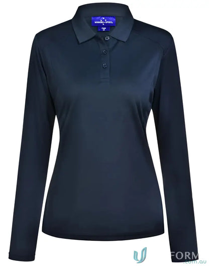 Ladies Lucky Bamboo long-sleeved navy blue polo shirt with three-button placket