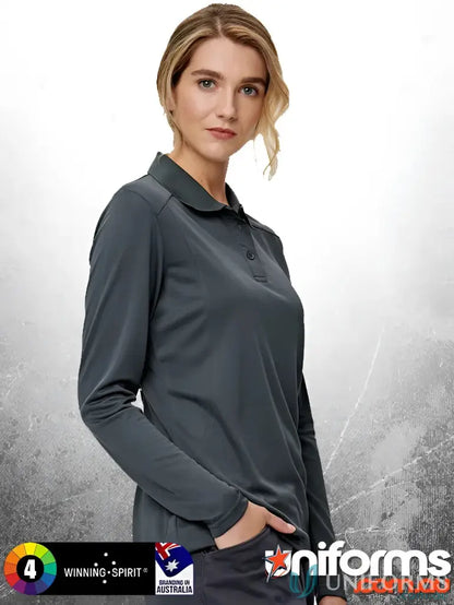 Lady modeling ladies lucky bamboo long-sleeved charcoal grey polo shirt