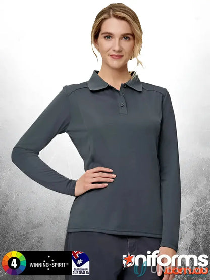 Lady wearing ladies lucky bamboo long-sleeved polo shirt for a stylish look