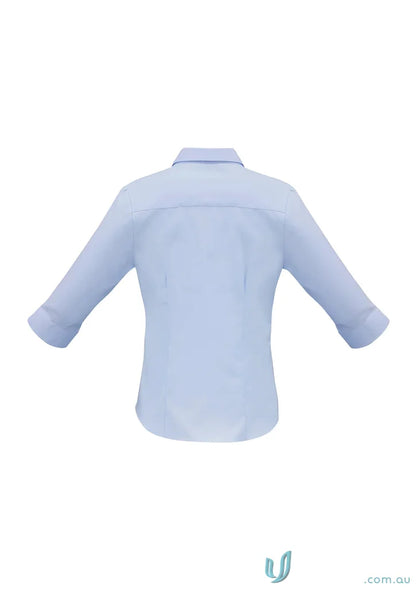 Light blue woman’s luxe shirt in biz collection s10221 with wrinkle-resistant fabric