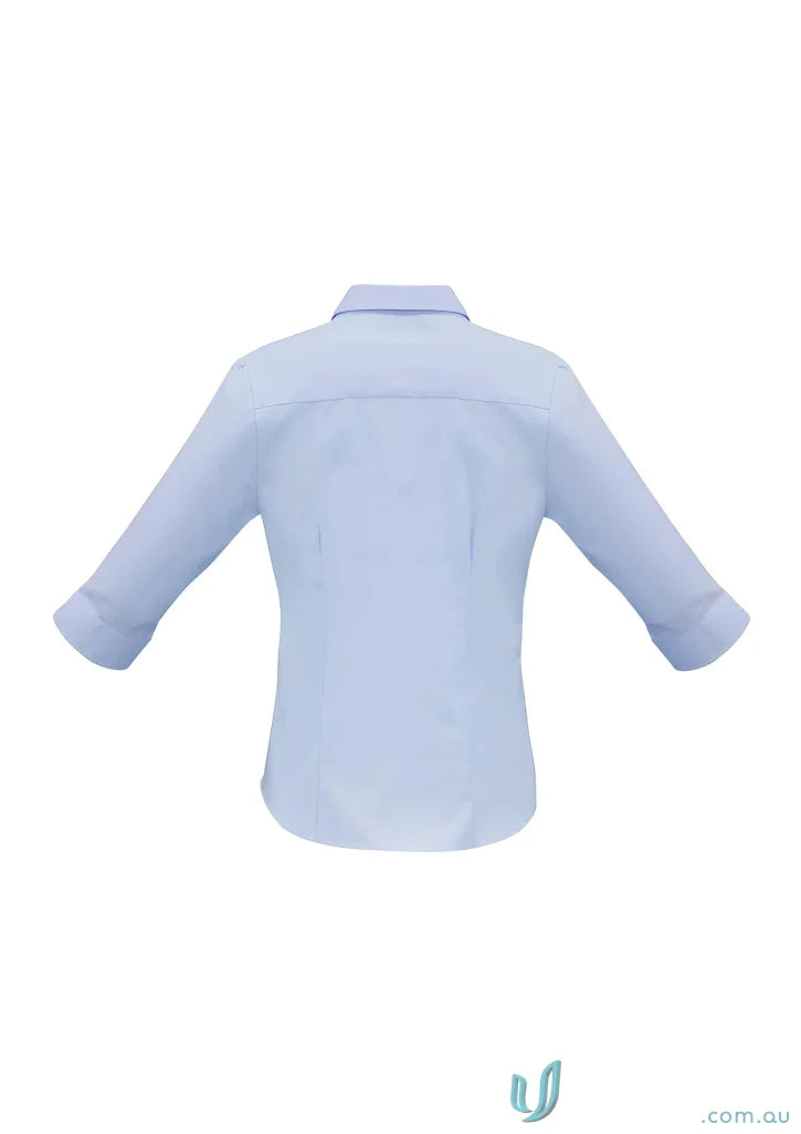 Light blue woman’s luxe shirt in biz collection s10221 with wrinkle-resistant fabric