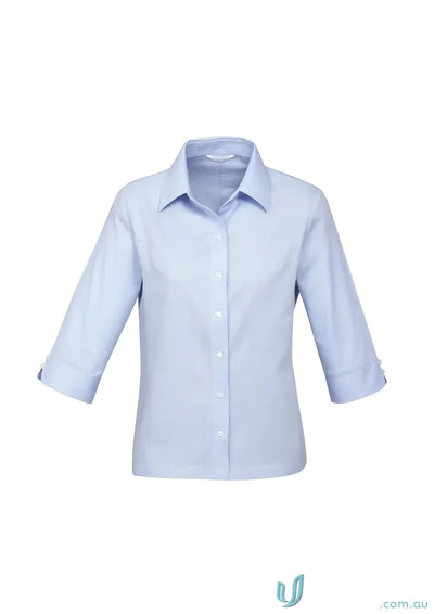 Light blue womans luxe 3Q shirt from biz collection s10221 with wrinkle-resistant fabric