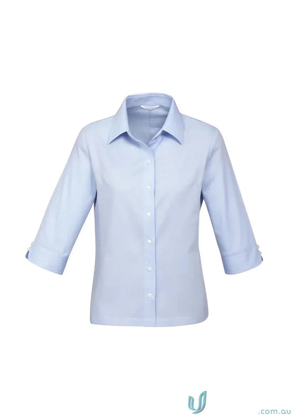 Light blue woman’s luxe 3Q shirt from biz collection s10221 with wrinkle-resistant fabric