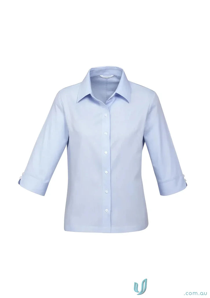 Light blue woman’s luxe 3Q shirt from biz collection s10221 with wrinkle-resistant fabric